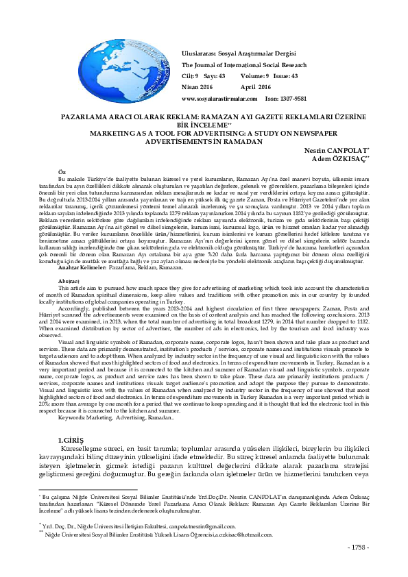 (PDF) Pazarlama Araci Olarak Reklam: Ramazan Ayi Gazete Reklamlari ...