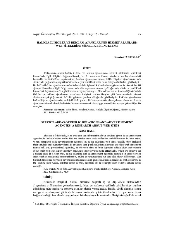 (PDF) Halkla İlişkiler ve Reklam AjanslarınınHizmet Alanları: Web ...