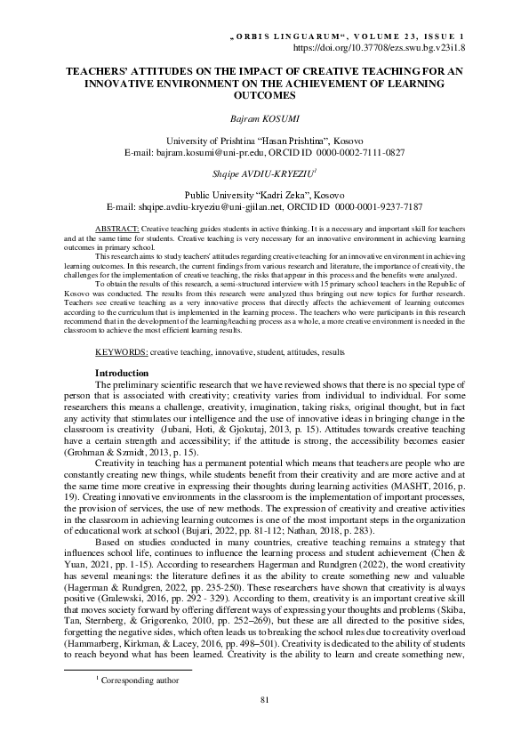 (PDF) TEACHERS' ATTITUDES ON THE IMPACT OF CREATIVE TEACHING FOR AN ...