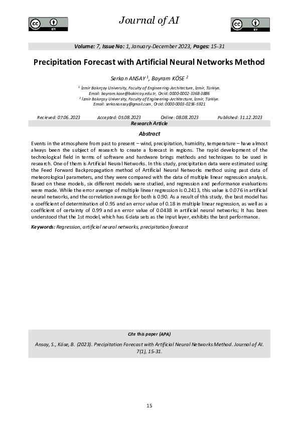 (PDF) Precipitation Forecast with Artificial Neural Networks Method