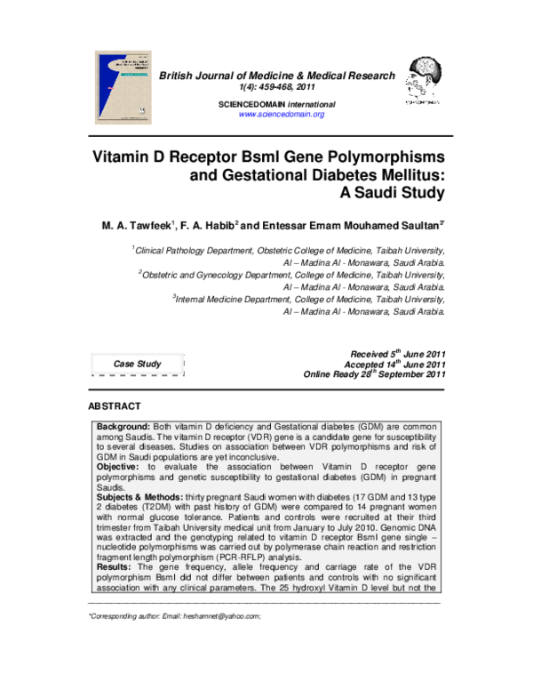 (PDF) Vitamin D Receptor BsmI Gene Polymorphisms and Gestational ...
