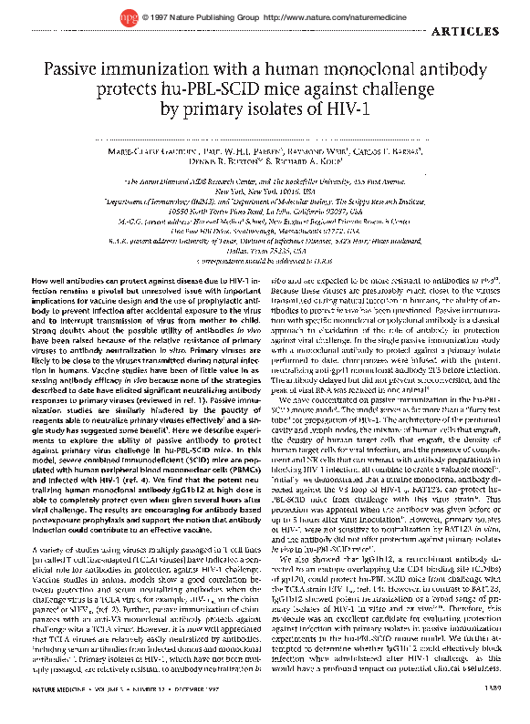 (PDF) Passive immunization with a human monoclonal antibody protects hu ...