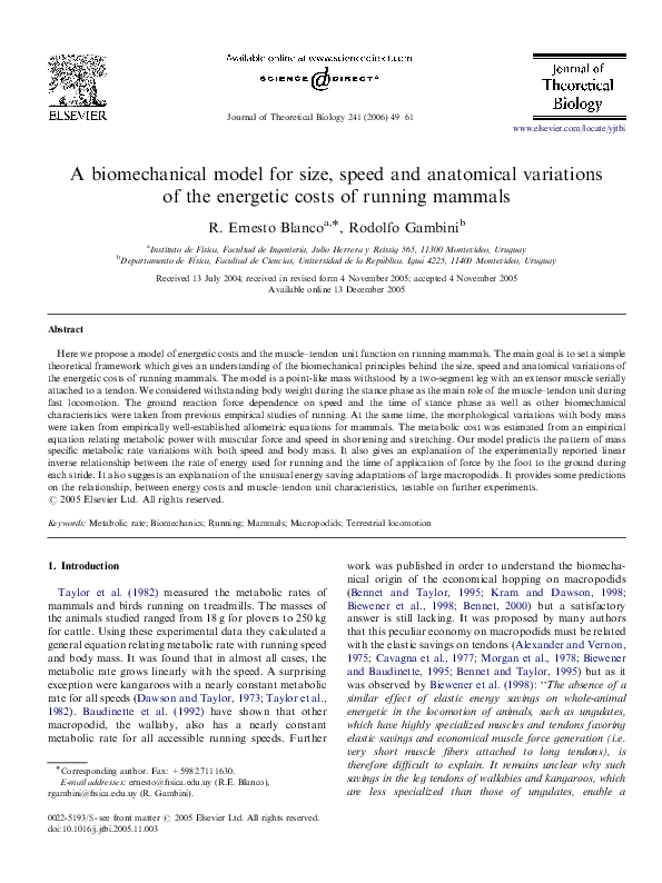 (PDF) A biomechanical model for size, speed and anatomical variations ...