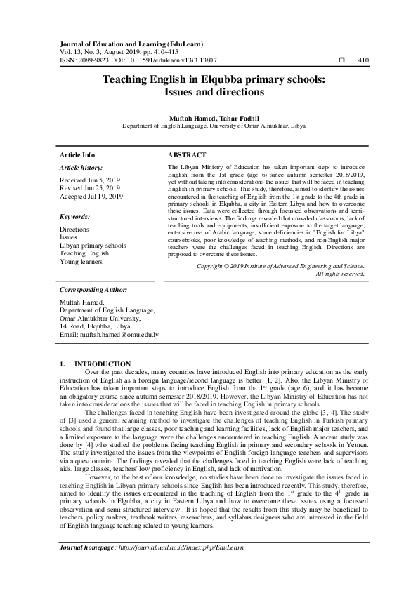 (PDF) Teaching English in Elqubba primary schools: Issues and directions