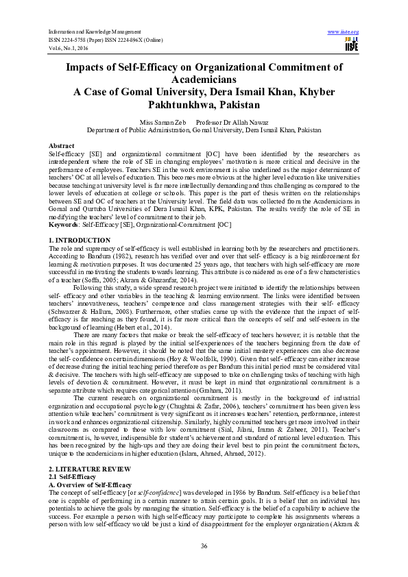 (PDF) Impacts of Self-Efficacy on Organizational Commitment of Academicians