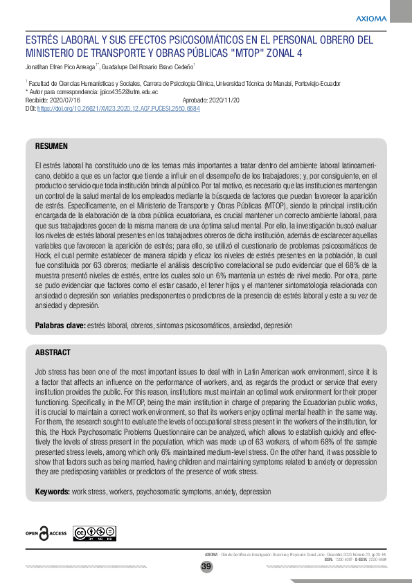 (PDF) Estrés Laboral y Sus Efectos Psicosomáticos en El Personal Obrero ...