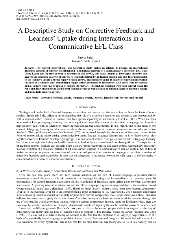 (PDF) A Descriptive Study on Corrective Feedback and Learners’ Uptake ...