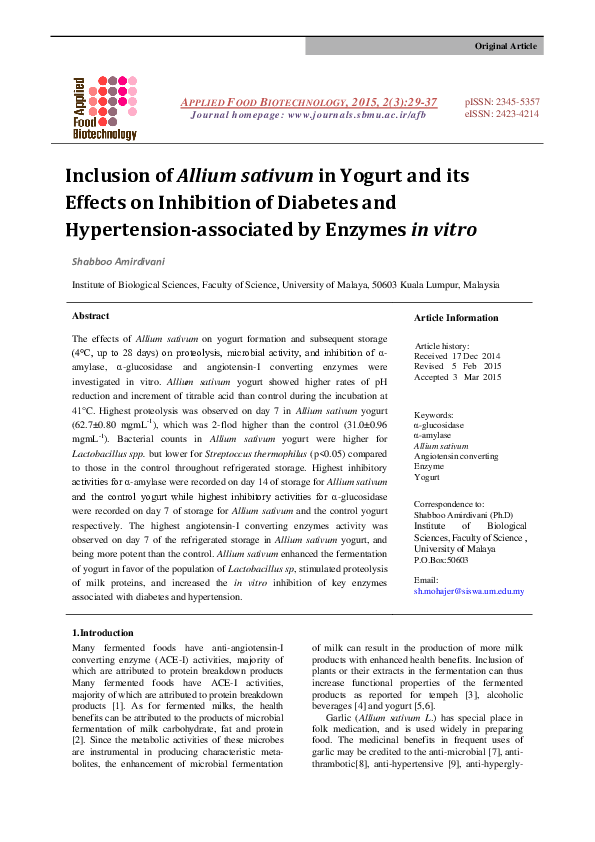 (PDF) Inclusion of Allium sativum in Yogurt and its Effects on ...