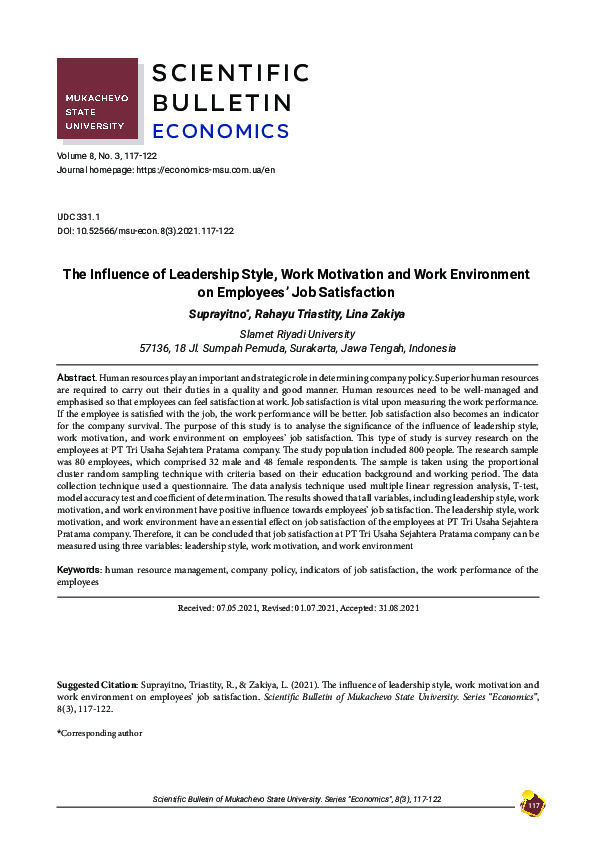 (PDF) The Influence of Leadership Style, Work Motivation and Work ...