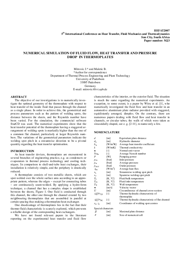 (PDF) Numerical Simulation of Fluid Flow, Heat Transfer and Pressure ...
