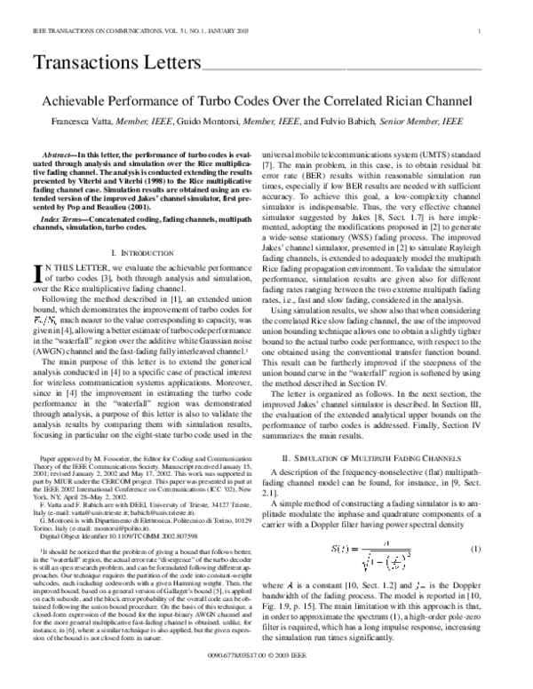(PDF) Achievable performance of turbo codes over the correlated rician ...
