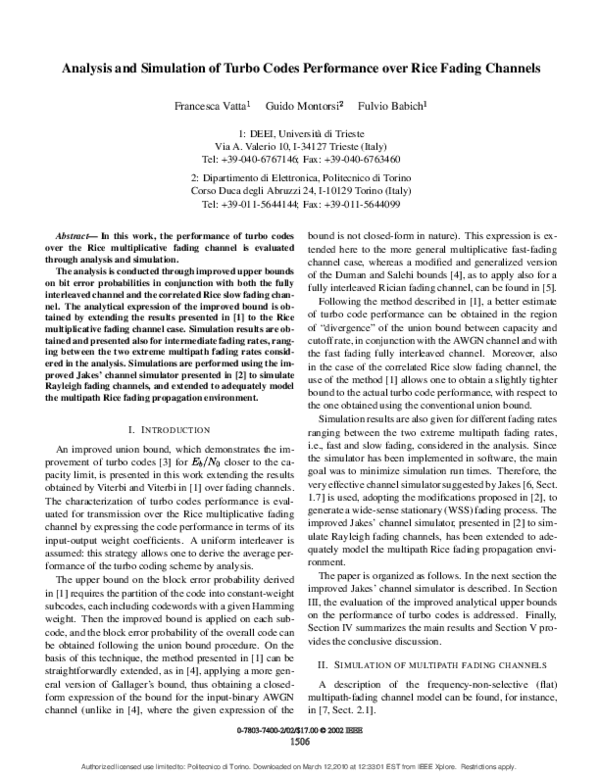 (PDF) Analysis and simulation of turbo codes performance over Rice ...