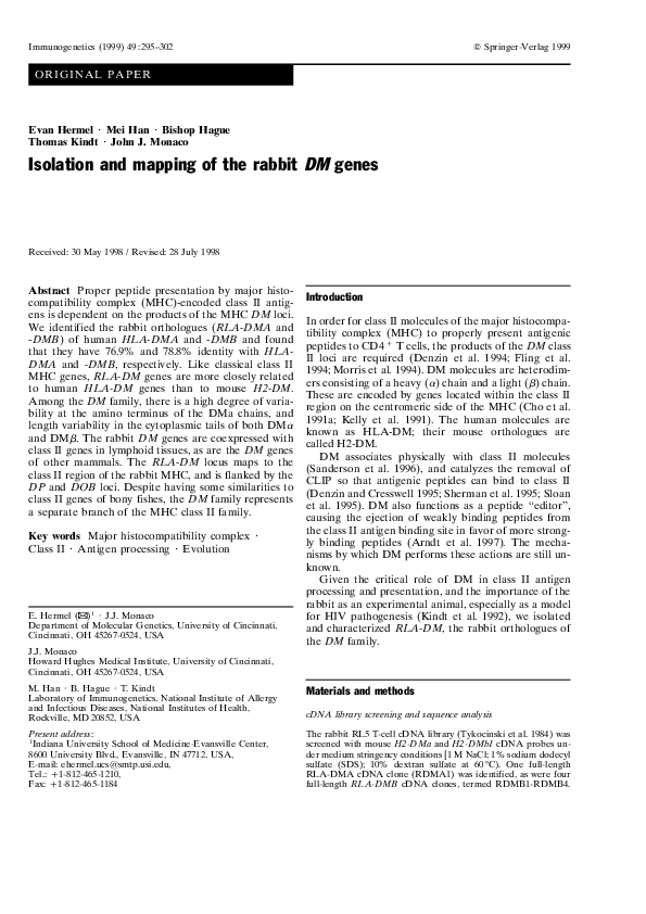 (PDF) Isolation and mapping of the rabbit DM genes