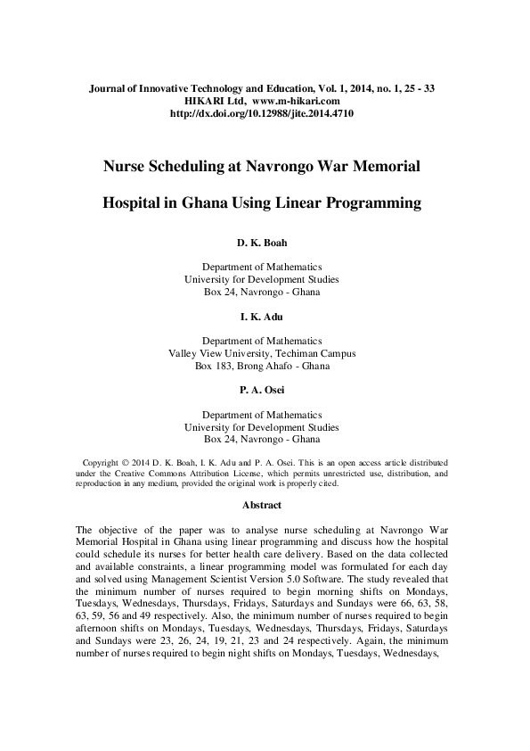 (PDF) Nurse scheduling at Navrongo War Memorial Hospital in Ghana using ...