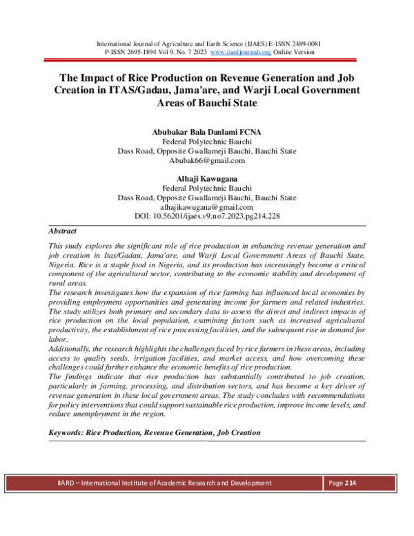 (PDF) The Impact of Rice Production on Revenue Generation and Job ...