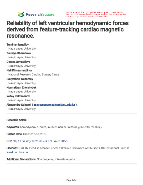 (PDF) Reliability of left ventricular hemodynamic forces derived from ...