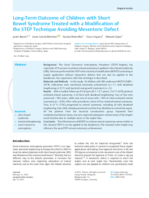 (PDF) Long-Term Outcome of Children with Short Bowel Syndrome Treated ...