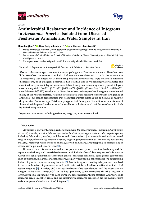 (PDF) Antimicrobial Resistance and Incidence of Integrons in Aeromonas ...
