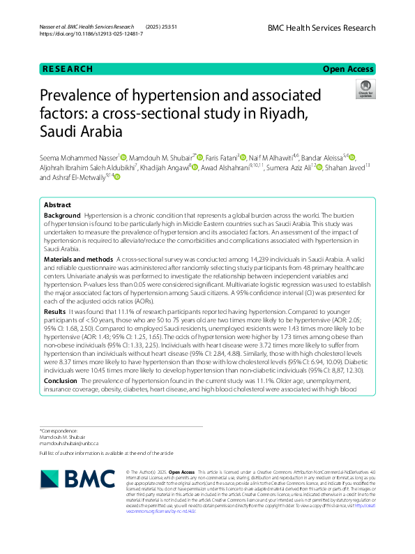 (PDF) Prevalence of hypertension and associated factors: a cross ...