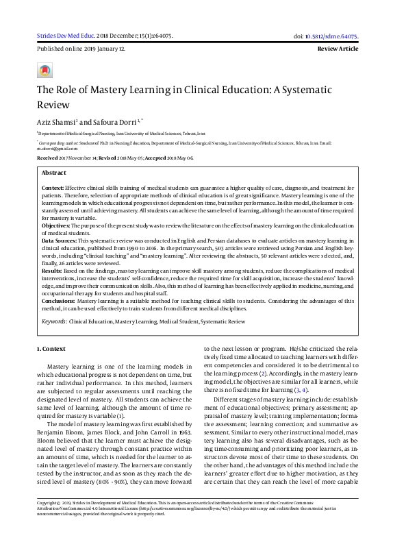 (PDF) The Role of Mastery Learning in Clinical Education: A Systematic ...