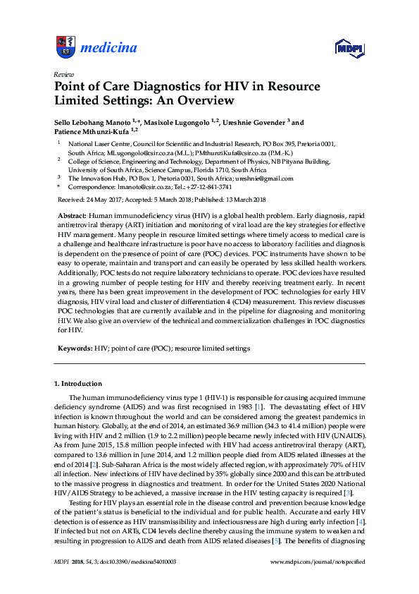 (PDF) Point of Care Diagnostics for HIV in Resource Limited Settings ...