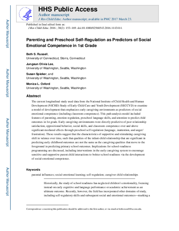 (PDF) Parenting and Preschool Self-Regulation as Predictors of Social ...