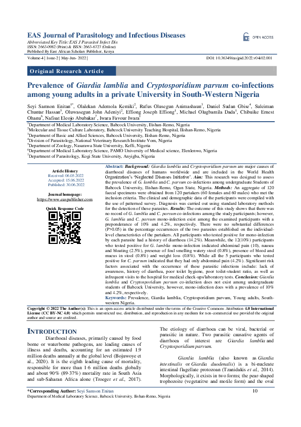 (PDF) Prevalence of Giardia lamblia and Cryptosporidium parvum co ...
