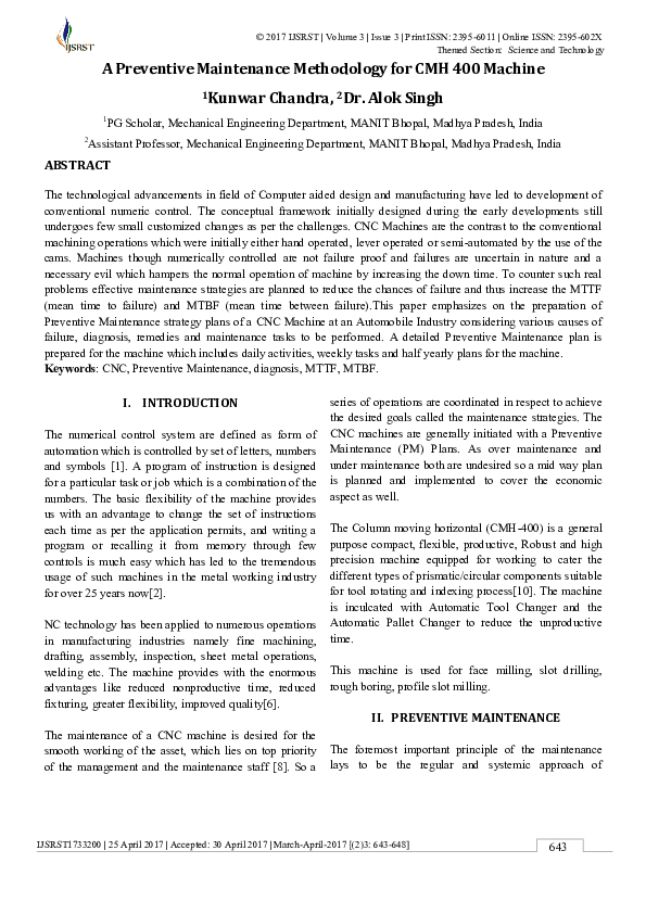 (PDF) A Preventive Maintenance Methodology for CMH 400 Machines