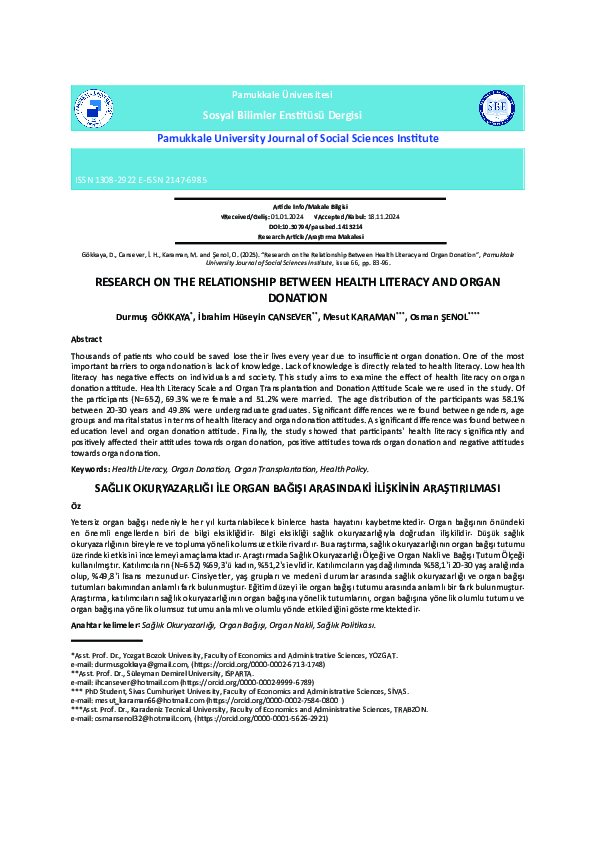 (PDF) RESEARCH ON THE RELATIONSHIP BETWEEN HEALTH LITERACY AND ORGAN ...