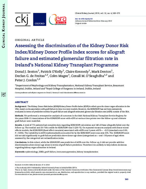 (PDF) Assessing the discrimination of the Kidney Donor Risk Index ...