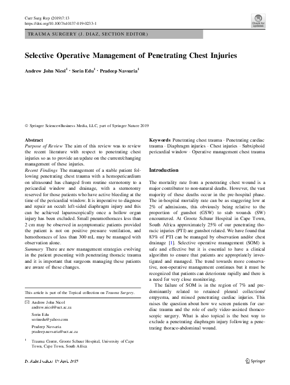 (PDF) Selective Operative Management of Penetrating Chest Injuries