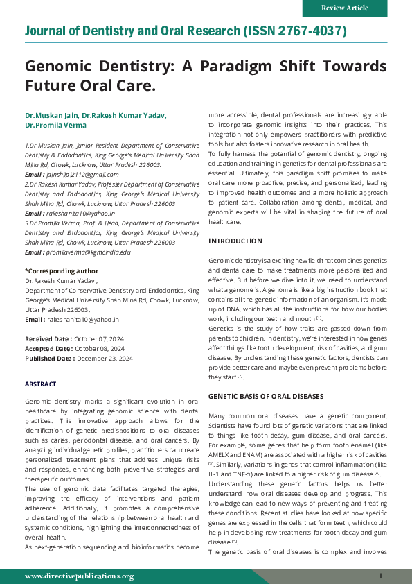 (PDF) Genomic Dentistry: A Paradigm Shift Towards Future Oral Care