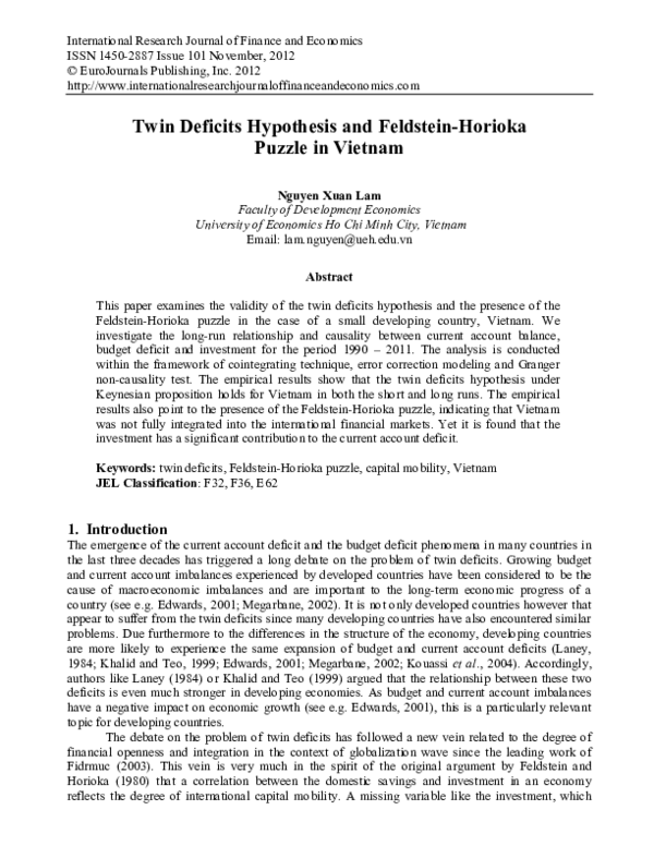 (PDF) Twin Deficits Hypothesis and Feldstein-Horioka Puzzle in Vietnam