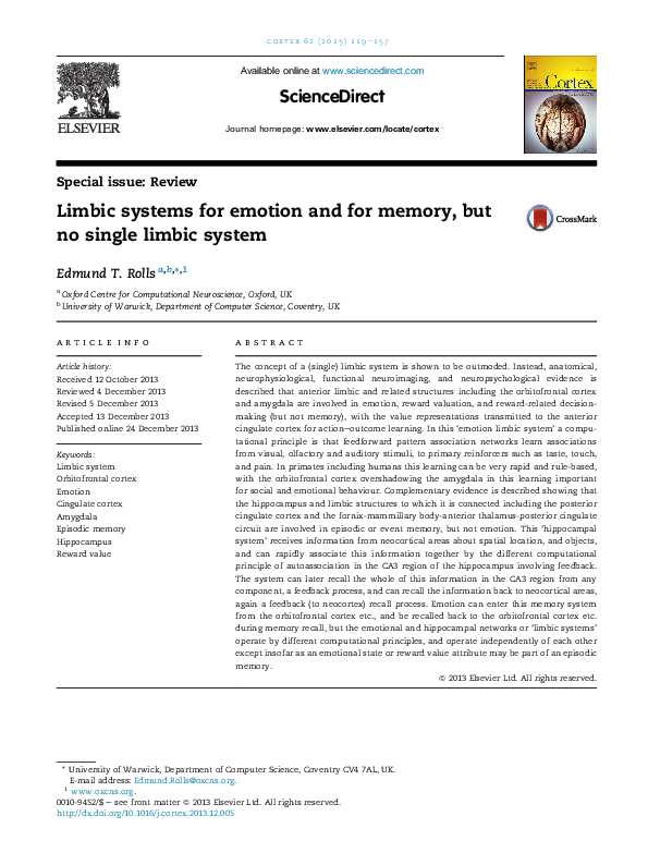 (PDF) Limbic systems for emotion and for memory, but no single limbic ...