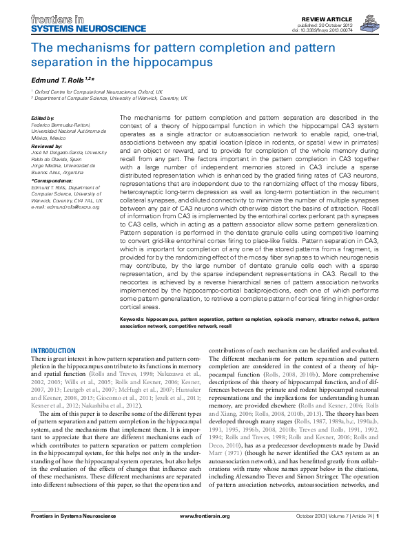 (PDF) The mechanisms for pattern completion and pattern separation in ...