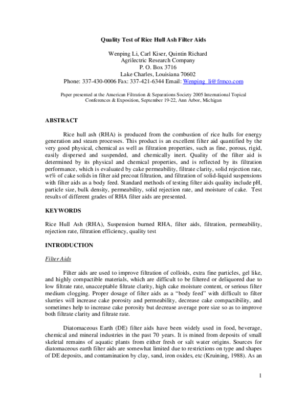 (PDF) Quality test of rice hull ash filter Aids