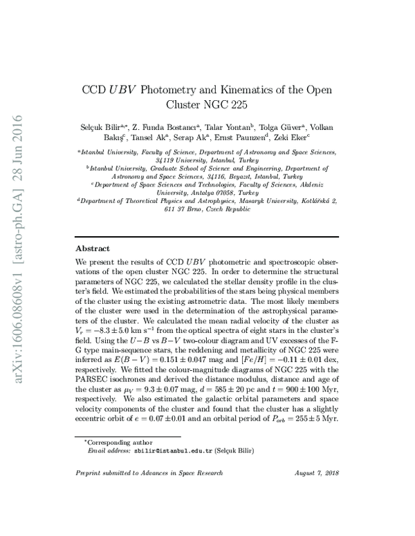 (PDF) CCD UBV photometry and kinematics of the open cluster NGC 225