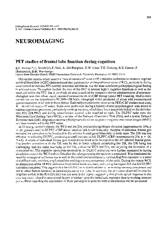 (PDF) PET studies of frontal lobe function during cognition