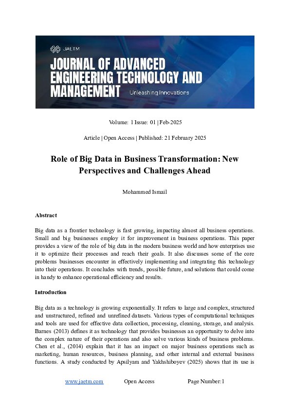 (PDF) Role of Big Data in Business Transformation: New Perspectives and ...