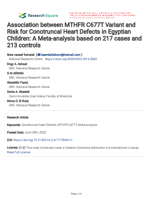 (PDF) Association between MTHFR C677T Variant and Risk for Conotruncal ...