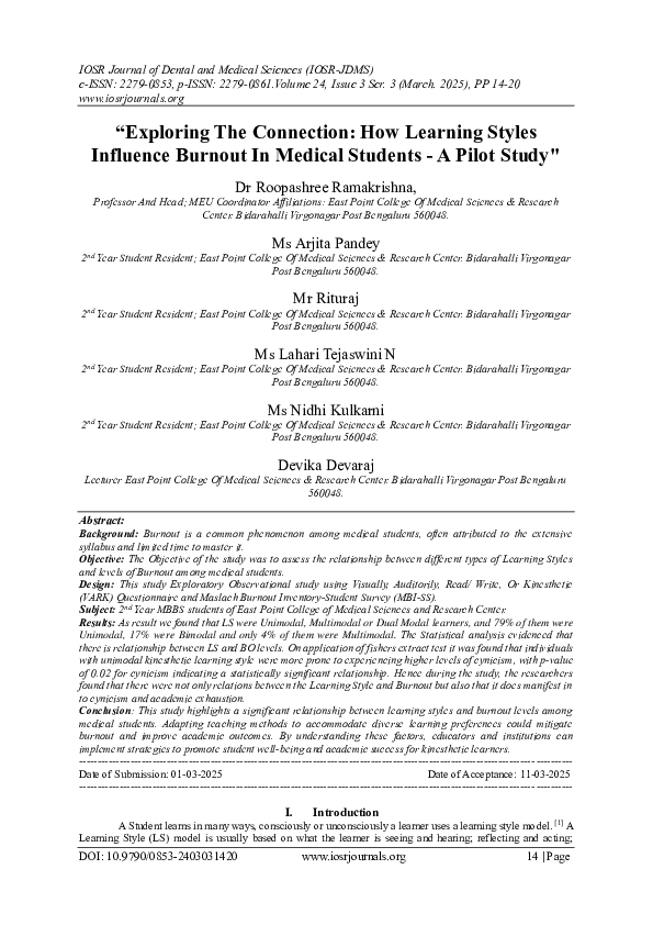 (PDF) Influences of Learning Style on Burnout Levels in Medical Students