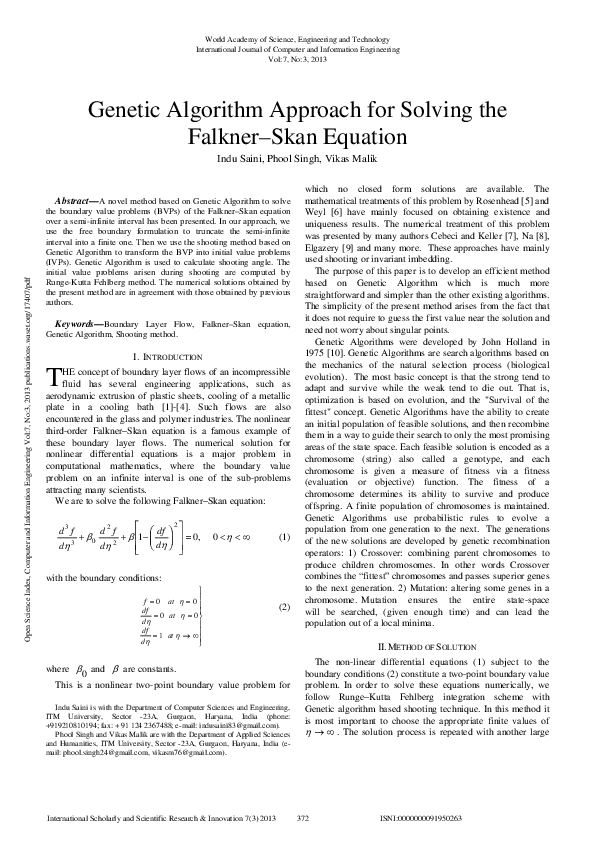 (PDF) Genetic Algorithm Approach For Solving The Falkner–Skan Equation