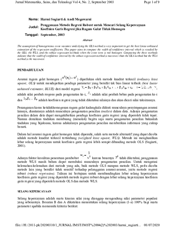 (PDF) Penggunaan Metode Regresi Robust untuk Mencari Selang Kepercayaan ...