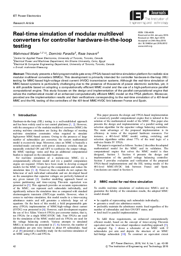 (PDF) Real-time simulation of modular multilevel converter on FPGA with ...