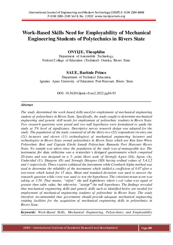 (PDF) Work-Based Skills Need for Employability of Mechanical ...