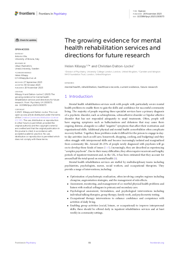 (PDF) The growing evidence for mental health rehabilitation services ...