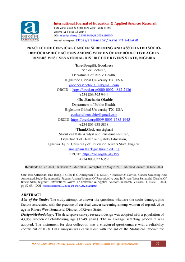 (PDF) PRACTICE OF CERVICAL CANCER SCREENING AND ASSOCIATED SOCIO ...