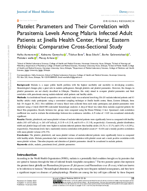 (PDF) Platelet Parameters and Their Correlation with Parasitemia Levels ...