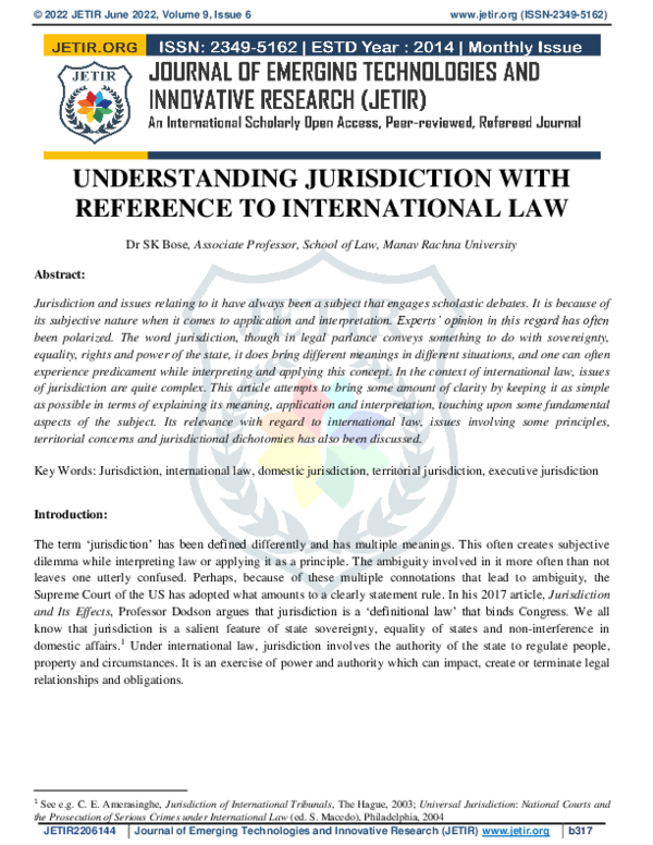 (PDF) UNDERSTANDING JURISDICTION WITH REFERENCE TO INTERNATIONAL LAW