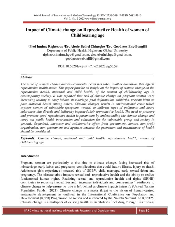 (PDF) Impact of Climate change on Reproductive Health of women of ...
